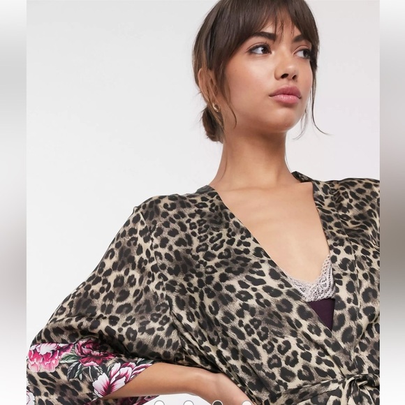 Dorina Dolores leopard print floral trim kimono robe Large Pink Brown No belt - Picture 3 of 12